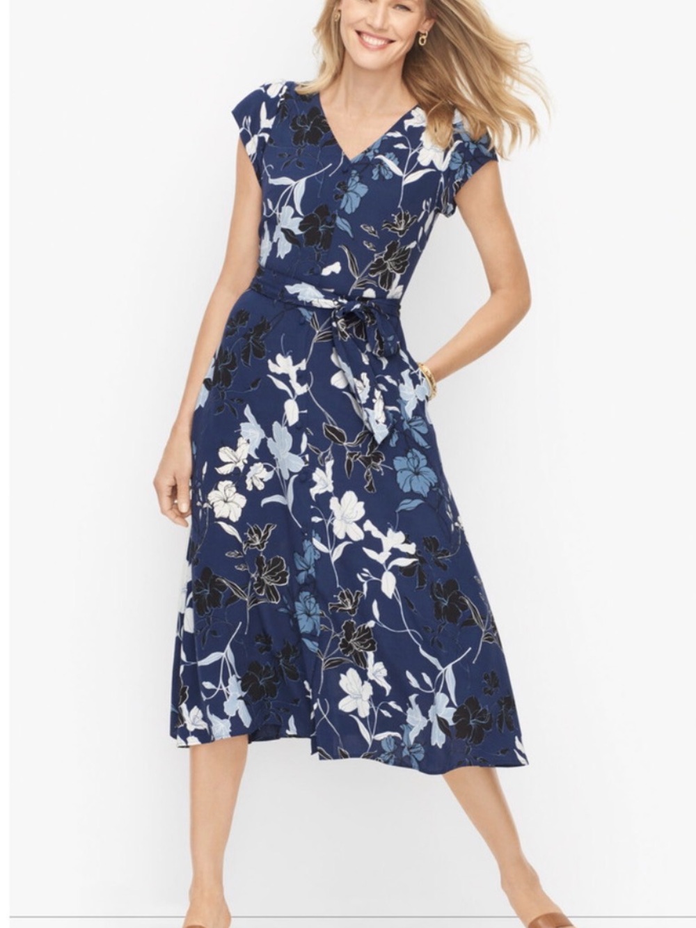 Talbots Navy Blue Floral Midi Dress